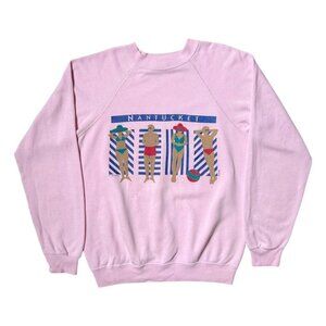 80s vintage Sunbathers Nantucket Sweatshirt Pink Crewneck Suntan Beach Art.